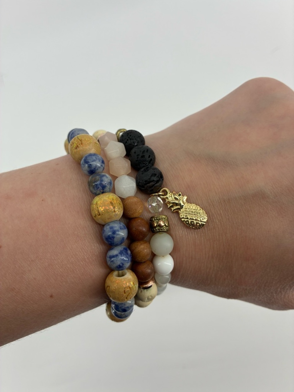 Gold Pineapple Charm Multi-Stack Beaded Bracelet Howlite Rose Quartz